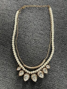 Gold Tone Pearl & Crystal Statement Necklace - White Pearls